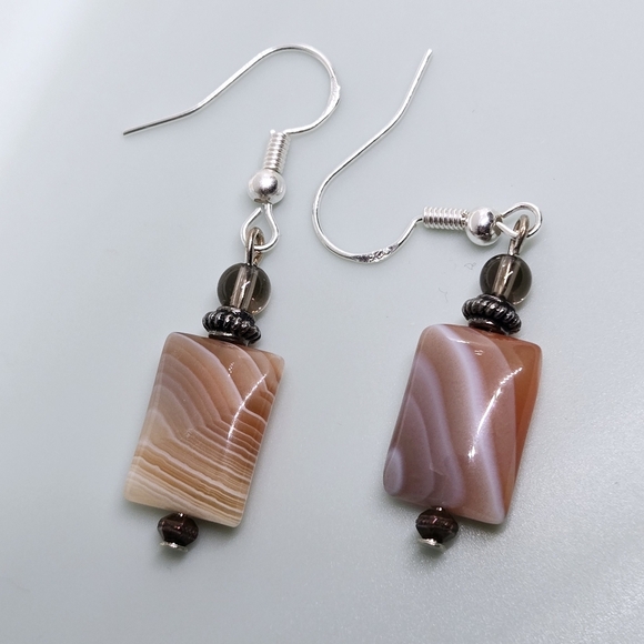 Vintage Gemstone Pink To Tan Nature Stones Earrings In Silver 925 Hooks - Picture 11 of 17